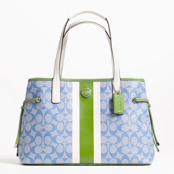 COACH SIGNATURE STRIPE PVC STRIPE CARRYALL Style F22908 Sv Light blue Green - Picture 2 of 12